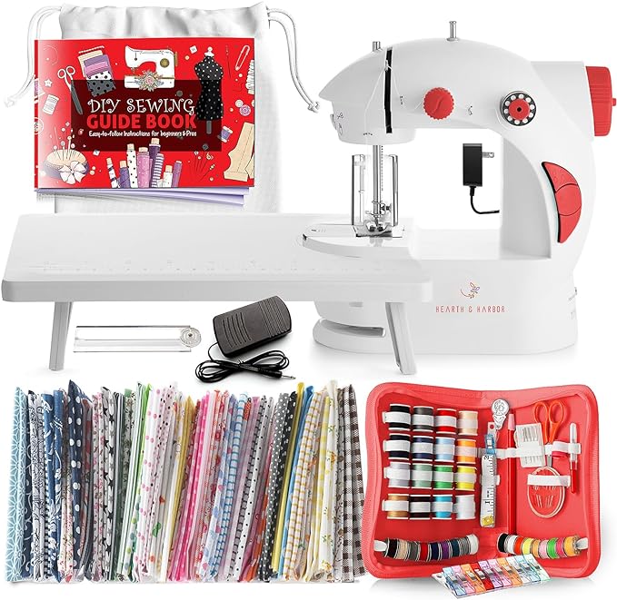 Hearth & Harbor Mini Sewing Machine for Beginners, Dual Speed Small Portable Sewing Machine for Kids and Adults with Extension Table, 122 Piece Gift Set Includes, Fabrics, Project Book and More, Red
