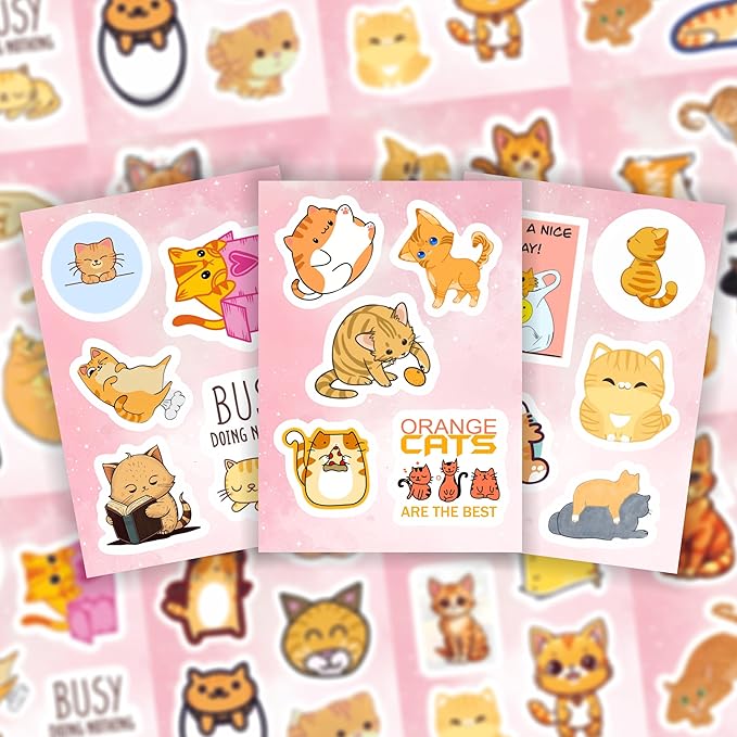 BulbaCraft Orange Cat Stickers for Water Bottle and Laptop - Orange Cat Party Supplies & Decorations, Waterproof Vinyl Decals, Cute Animal and Pet Stickers, Gifts for Women & Men