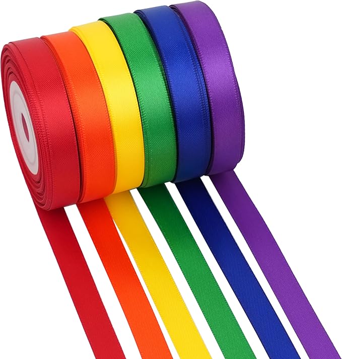 Colorful Rainbow Ribbon 3/8 Inch Thin Multicolor Rainbow Satin Ribbon 6 Rolls Assortment for Wedding Wrapping Invitation Card Crafts - 60Yards