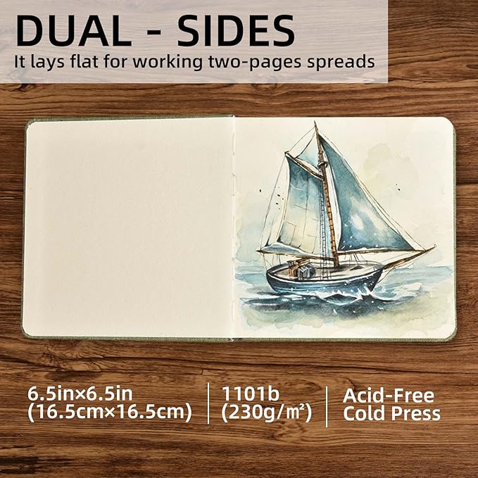 SEMLEART Hardcover Watercolor Journal,Square, 42 Pages, 6.5x6.5, 140 lb/300 GSM, Acid-Free, Cold Press, Cotton Pulp, Perfect for Artists & Travel Sketching (6.5×6.5in)