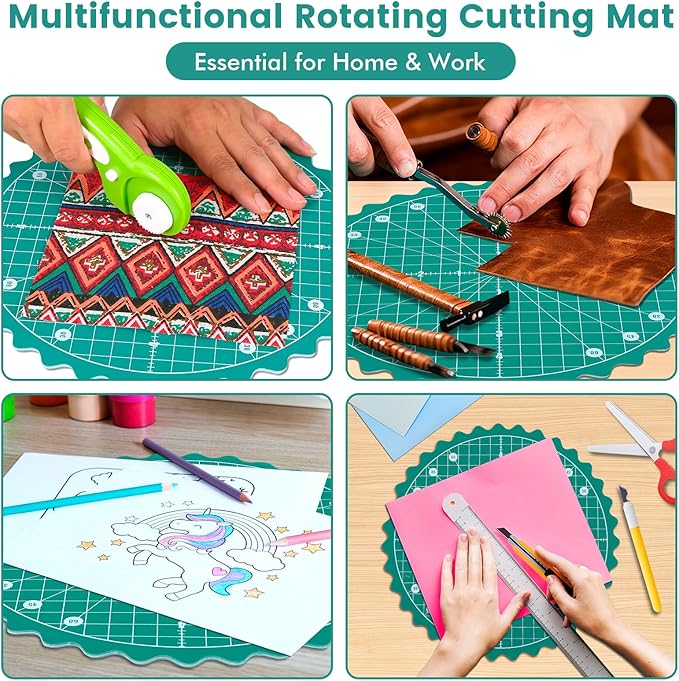 10" Rotating Quilt Cutting Mat, 360° Round Small Self Healing Rotating Mat with Non-Slip Base &Scalloped Edge, Sewing Board Cutting Mat for Quilting Fabric Leather English Paper Patchwork &Art Project