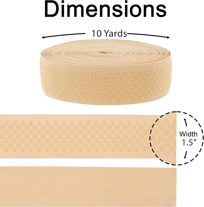 Mandala Crafts 1.5 Inch Elastic Silicone Gripper Tape for Clothing - 10 Yds Dotted Non Slip Elastic Band for Sewing - Blonde Silicone Flat Fabric Stretchy Ribbon Straps