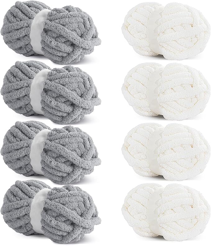 HOMBYS 8 Pack Assorted Chunky Yarn for Crocheting,Super Bulky Large Soft Fluffy Yarn,Plush Fuzzy Yarn,Thick Chenille Yarn for Hand Knitting/Arm Knitting,4 White & 4 Light Grey(27yds,8 oz Each Skein)