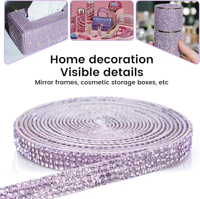 Novani Self Adhesive Rhinestone Ribbon, 0.35 Inch Wide 3 Yards 1 Roll, Purple Crystal Diamond Bling Strips for DIY Crafts, Home Decor, Clothing,Shoes, Car Decoration（Crystal Amethyst）
