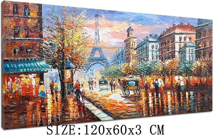 Alenoss Modern Oil Paintings 48x24 Inches Paris Eiffel Tower Landscape Large Canvas Wall Art Abstract Paintings for Living Room Bedroom Office Wall Decor Ready to Hang