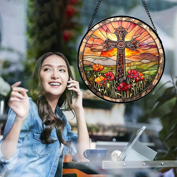 Christian Gifts for Women - Cross Stained Glass Window Hanging Jesus Easter Poppy Sunset Landscape Sun Catcher Garden Religion Decor Mother's Day Catholic Gift for Men Grandma Mom Her 6.3"