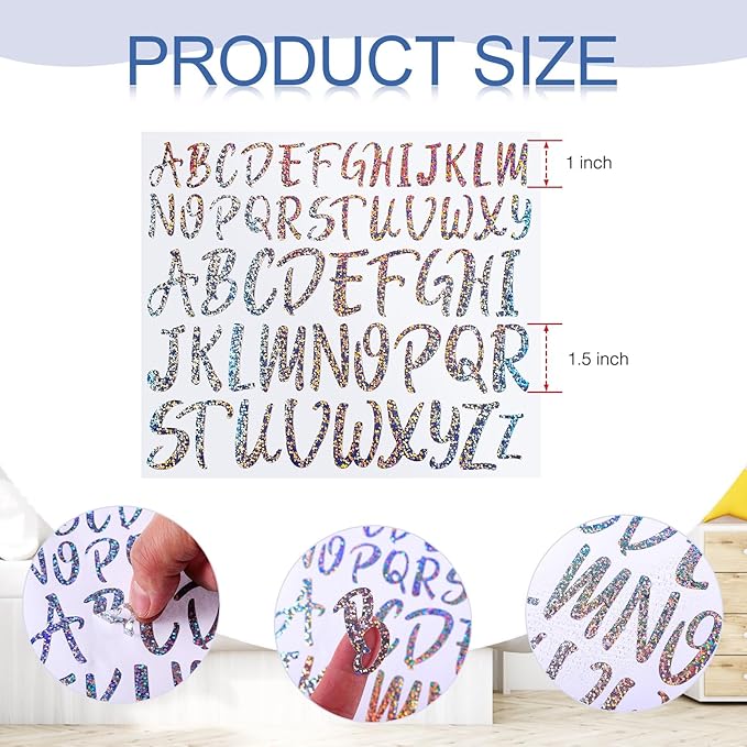 TaoBary 416 Pcs Letter Stickers 8 Sheets Alphabet Stickers 2 Size Vinyl Cursive Self-Adhesive Letter Personalized Decor for Mailbox Scrapbook Window Sign Door Classroom DIY Craft (1", 1.5",Silver)