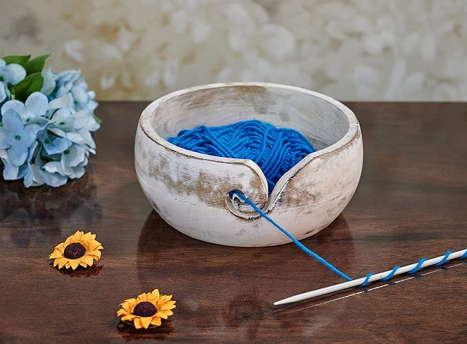 New Years Gifts Wooden Yarn Bowl Knitting Bowl Large Crochet Yarn Holder Handmade Crocheting Accessories and Supplies Organizer 7 x 3 (White)