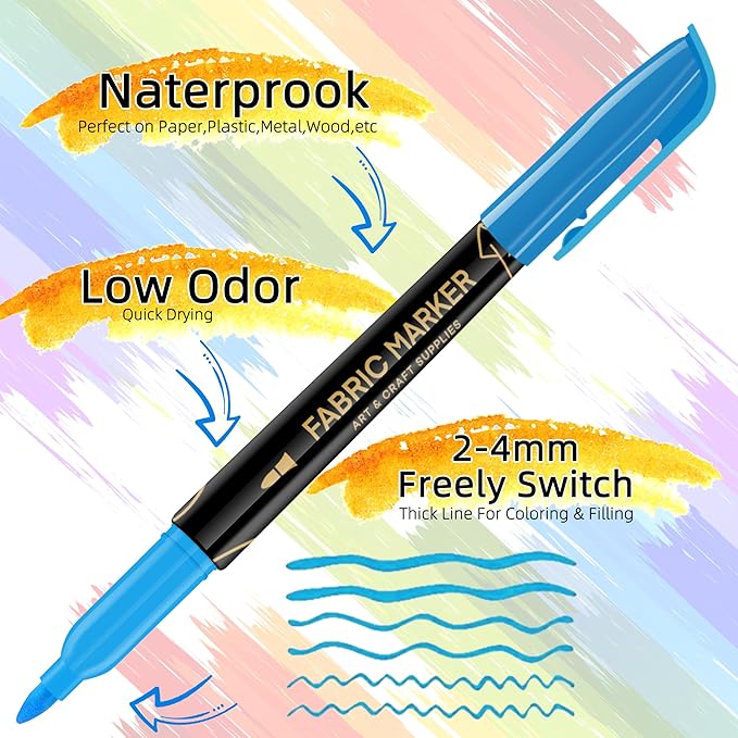 Art+soul Fabric Markers 20 Colors: No-Iron, Air-Dry Overnight for Color Fix, Color-Lasting. 10+ Machine Wash-Resistant. Great for T-Shirts, Textiles, Canvas Bags & Shoes