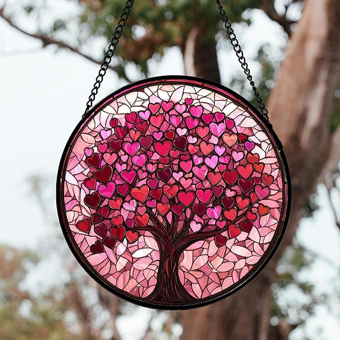 Stained Glass Window Hanging, Pink Love Tree of Life Sun Catchers Colorful Glass Panel Suncatcher Decor for Birthday for Women, Men, Wife, Lovers, and Mom 14.9x14.9 in