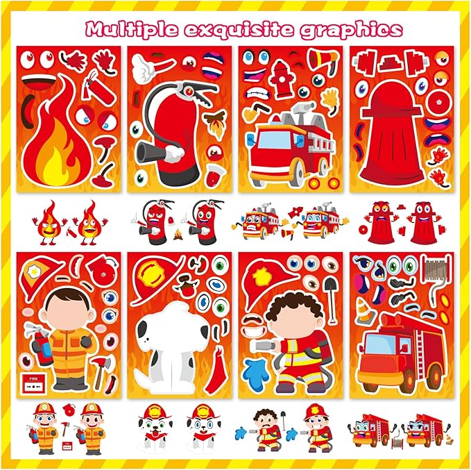 24 Sheets Firefighter Stickers, Make Your Own Firefighting Theme Sticker, Make a Face Fireman Stickers for Classroom Party Favor Rewarded School