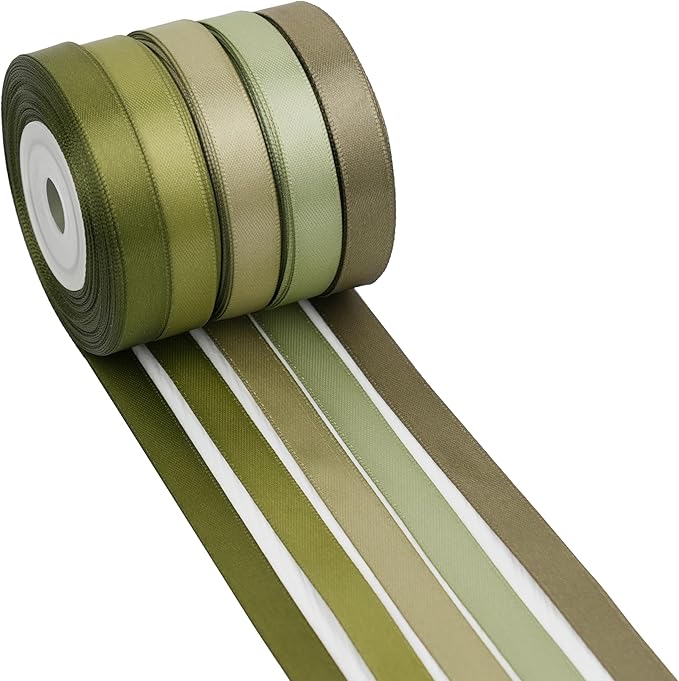 Sage Green Satin Ribbon - 3/8 Inch, Moss Green, 5 Rolls, 50 Yards - Perfect for Wedding, Baby Shower, Gift Wrapping, Hair Corsages & Crafts