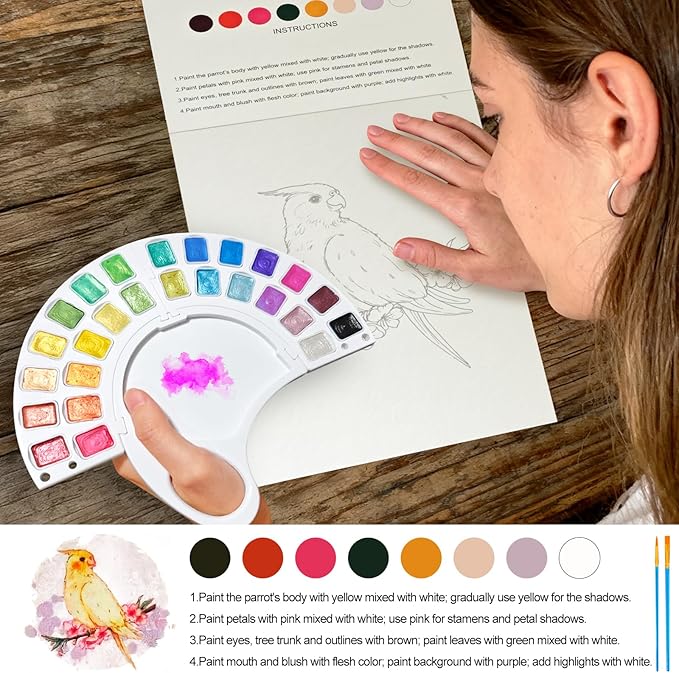 Watercolor Workbook, Water Coloring Book with 13 Pages 300GSM Paper, 26 Colors Watercolor Paint Set with Brush & Storage Bag, Beginner-Friendly Coloring Book for Adults - Birds Theme Art Kit