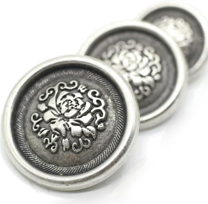 Antique Silver Metal Shank Buttons - 12 Pcs - 3 Size Options - Floral Round Metal Shank Buttons Vintage for Men Women Blazer Coat Uniform Shirt Suit and Jacket Sewing Craft DIY N12502