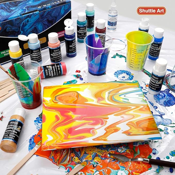 Shuttle Art Acrylic Pouring Paint, Set of 36 Bottles (2 oz/60ml) Pre-Mixed High-Flow Pouring Supplies with Canvas, Silicone Oil, Measuring Cups, Tablecloths, Complete Paint Pouring Kit