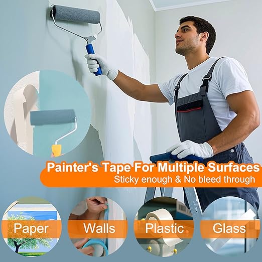 Painters Tape 10 Rolls, Masking Tape 1 Inches x 55 Yards,Gentle Adhesive,Protects Delicate Surfaces, Painting Tape for Walls, Labeling, Decorating,Crafts,DIY,No Residue,Easy Removal,White