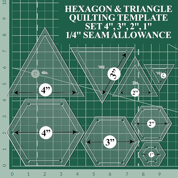 Quilting Acrylic Template Set | Precision Tools for Quilting Enthusiasts | Hexagon & Triangle Design | Includes Sizes 4", 3", 2", 1" | 1/8 Clear Acrylic | 1/4" Seam Allowance for Accuracy