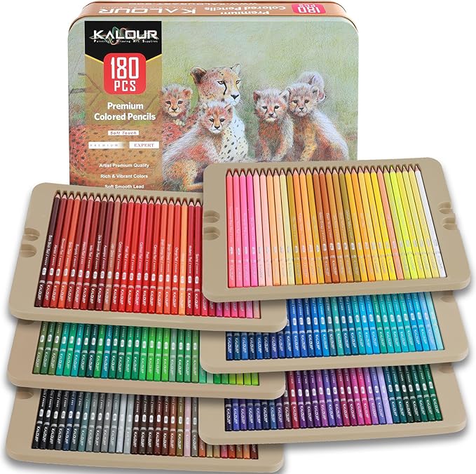 180 Colored Pencil Set for Adults & Artists, Rich Pigment Soft Core, 15 Metallic Pencils, 6 Neon Pencils, Ideal for Coloring Drawing Sketching Shading Blending, Vibrant Colors (Tin Case)