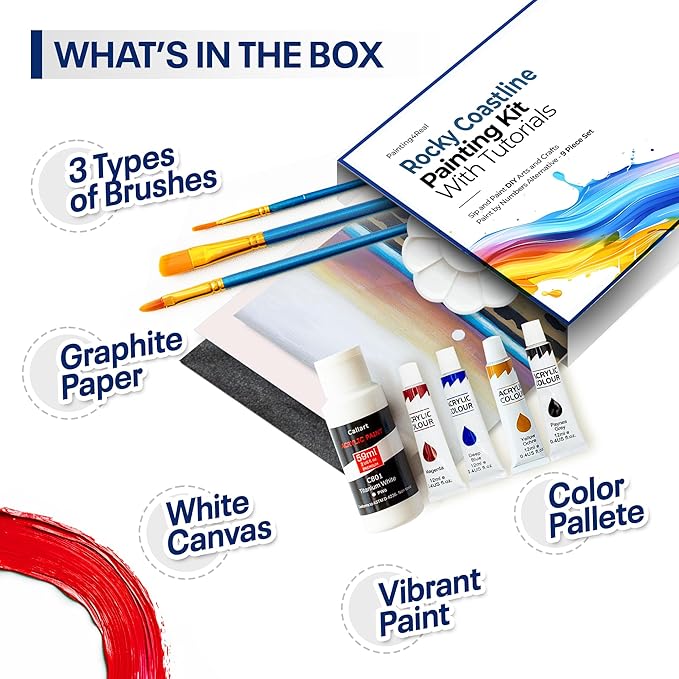 Painting4Real DIY Art Painting Kit for Adults – Learn to Paint Rocky Coastline with Video Tutorials – 9 Pieces Acrylic Paint Set for Adults –Perfect Christmas Crafts & Holiday Gifts for Art Lovers