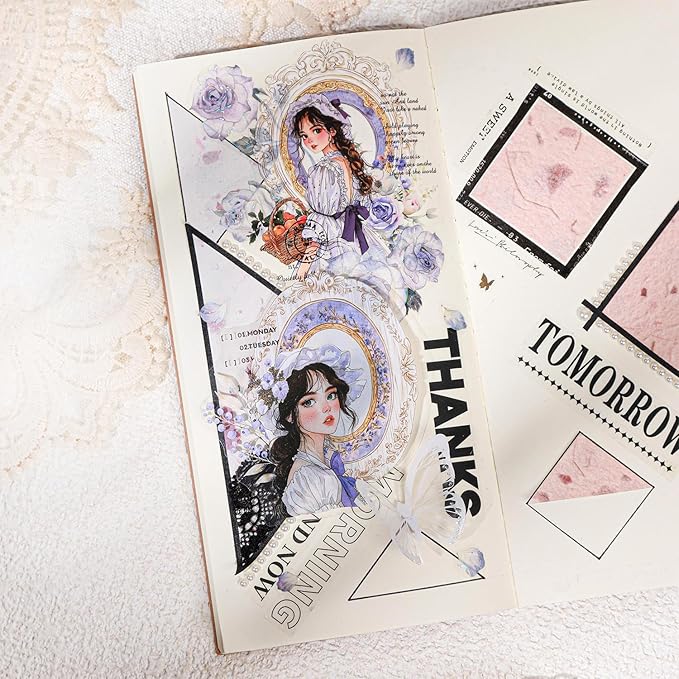 French Vintage Girl PET Sticker Set, 60PCS Scrapbook Supplies for Journaling, Planners, DIY Crafts and Gifts
