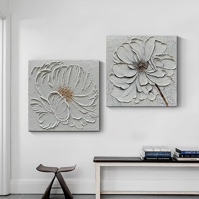 Art Hand-Painted White Texture Art Oil Painting White Flower Painting 30x30 inch Abstract Home Wall Decorative Art