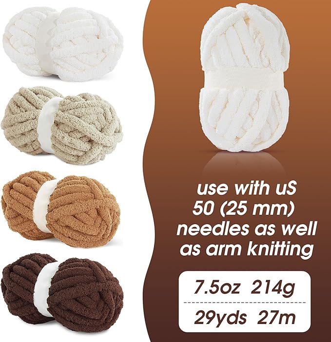 HOMBYS 8 Pack Assorted Chunky Yarn for Crocheting,Super Bulky Large Soft Fluffy Plush Fuzzy Yarn,Thick Chenille Yarn for Hand & Arm Knitting,Khaki Gradient(27yds,8 oz Per Skein)