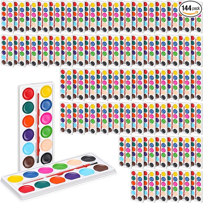 Outus 144 Pcs Watercolor Paint Set Bulk Mini Paint Set Washable Watercolor Palette with Painting Brushes for Art Party Supplies Prizes Stocking Stuffers, 3.3 x 2.6 Inch(12 Colors)