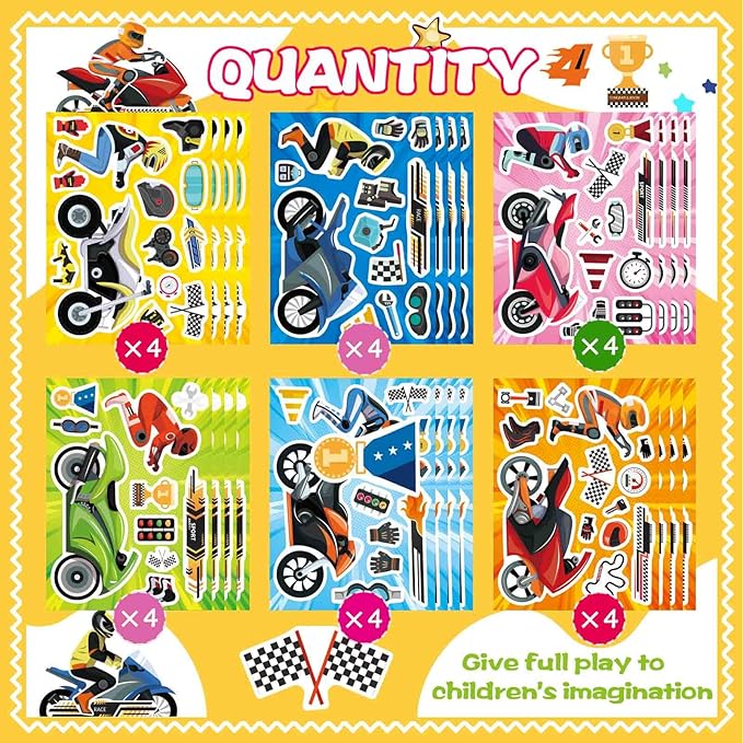 24 Sheets Make Your Own Motorcycle Stickers for Kids Toddler, Motocross Stickers Make a Face Stickers, Dirt Motobike Stickers for Kids Teens Motorcycle Stickers Kids Party Favor Supplies Crafts