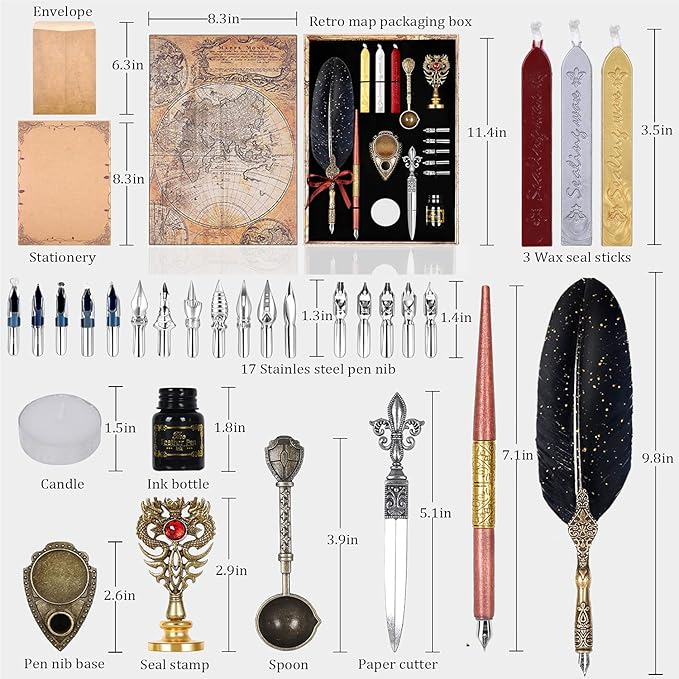 Quill Pen Ink Set,Includes Feather Pen and wooden dip pen, Ink,17 Replacement Nib,Pen Nib Base,3 Wax Seal Sticks,Stamp,White Wax,Spoon, Envelope Letter Paper,envelope tool (Black)