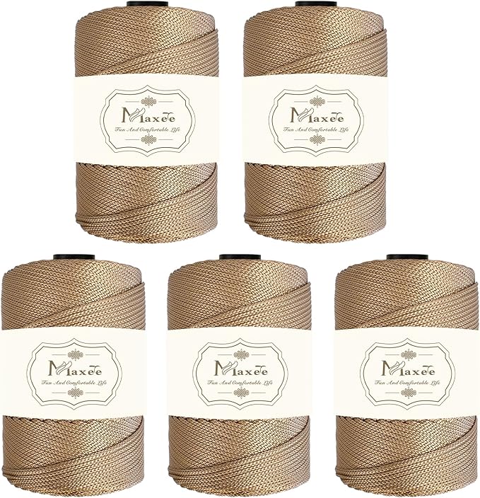 Maxee Premium Polyester Macrame Cord 3 mm × 218 yd (5 Pack),3mm 100% Polypropylene Macrame Cord,Ideal for Crochet, Wall Hangers, Bags, Rugs & DIY Crafts（ Khaki）