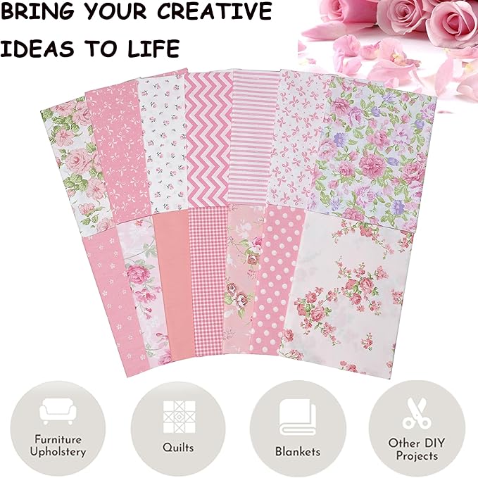 14pcs Pink Cotton Quilting Fat Quarters Fabric Bundles 18x22 inch - for Quilting, Sewing, Patchwork, and DIY Crafts – Pink