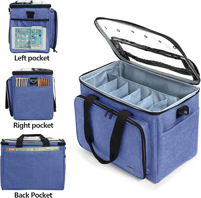 Teamoy Knitting Bag, Yarn Tote Organizer with Inner Divider (Sewn to Bottom) for Crochet Hooks, Knitting Needles(Up to 14”), Project and Supplies, Dark Blue -No Accessories Included