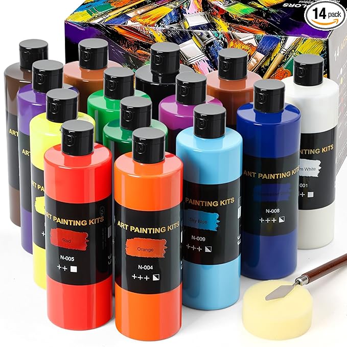 14 Colors Large Bulk Acrylic Paint Set (500 ml/16.9 oz Extra Large Bottles), Non-Toxic for Kids & Adults, Acrylic Paint Bulk on Wood, Glass, Ceramic, Art Painting Supplies with Palette Knife