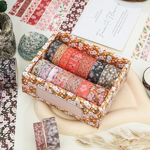 14 Rolls Sakura Washi Tape Set Flowers Arts Adhesive Tapes Cherry Blossom Decorative Masking Tape Sets for Craft, Kids, Scrapbook, DIY, Gift Wrapping (Amber Blooms)
