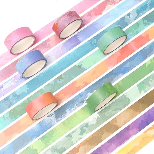 YUBX Watercolors Washi Tape Set 12 Rolls Pastel Colors Masking Macaron Graphic Decorative Tapes for Arts, DIY Crafts, Journals, Planners, Scrapbook, Wrapping