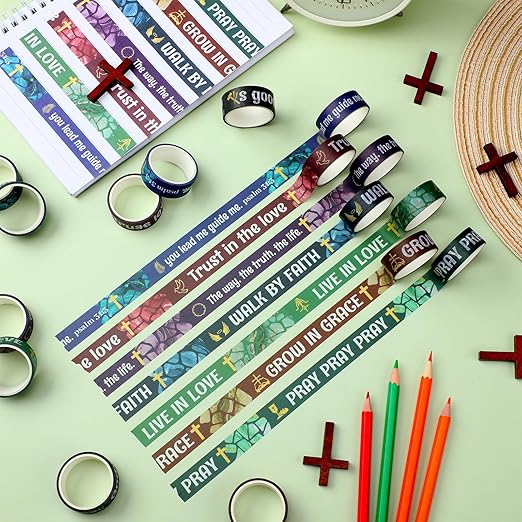 Janlaugh 24 Rolls Christian Washi Tape Gifts Bulk Religious Inspirational Scripture Supplies Cross Bible Verse Washi Tape for Bible Journaling Study Crafting New Year DIY Gifts