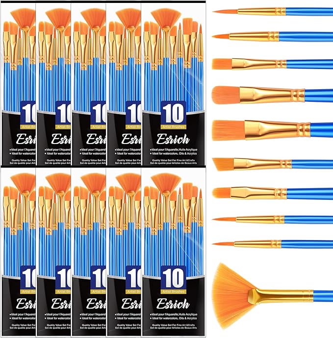 ESRICH Paint Brushes,10Pack-100pcs Paint Brush for Acrylic Painting,Acrylic Paint Brush Set for Oil Watercolor,Body Face Rock Canvas, Small Paint Brushes for Kids Adult Drawing
