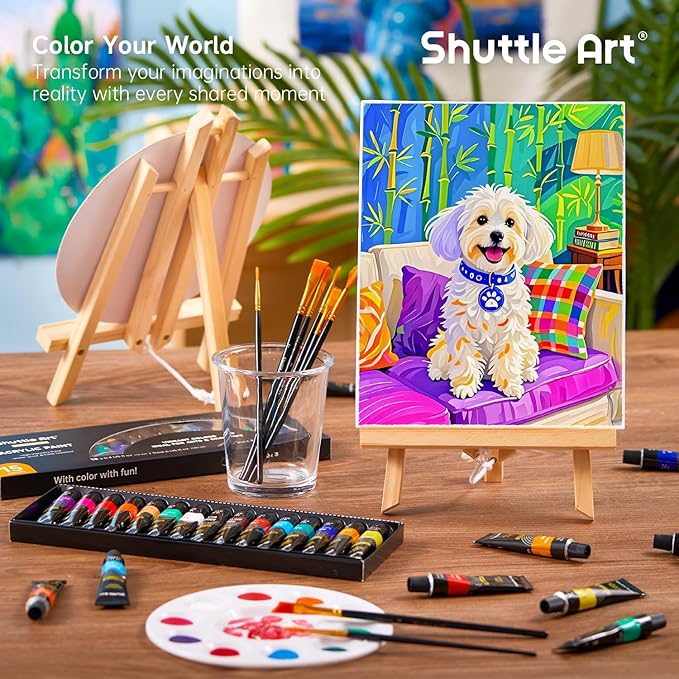 Shuttle Art 58 Pack Acrylic Paint Set, Painting Kit with 2 Pack of 15 Colors Acrylic Paint, 2 Sets of Wooden Easels, Canvas, Brushes & Palettes, Art Painting Supplies Kit for Adults Kids Beginner