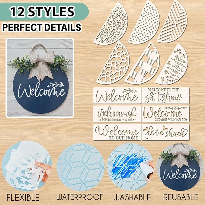 12 Inch Wood Circles for Crafts, 10Pcs Unfinished Wood Rounds with 12Pcs Welcome Stencils & 12Pcs Painting, DIY Wooden Crafts for Door Hanger, Wood Burning, Painting, Christmas Thanksgiving Day Decor