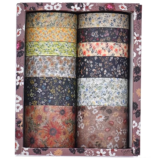 12 Rolls Flowers Washi Tape Set Floral Arts Adhesive Tapes Blooming Garden Decorative Masking Tape Sets for Craft, Kids, Scrapbook, DIY, Gift Wrapping (Earth Dye)