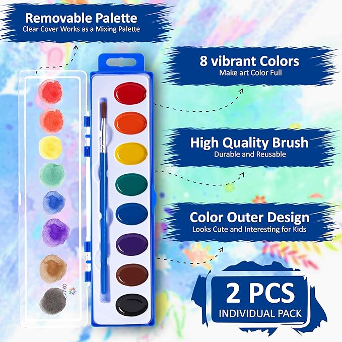 Mini Watercolor Paint Set for Kids – 2 Pack, 8 Vibrant Washable Colors Each, ASTM D-4236 Certified Non-Toxic Art Kit with Brushes – Perfect for Toddlers, School, and Home Creative Learning