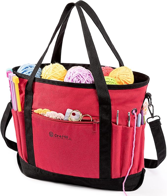 MYBAGZING Canvas Yarn Storage Organizer Bag Washable Crochet Bag with Pockets for Yarn, Hooks, Needles – Travel Knitting Tote for Crafters – Gift for Crocheters & Knitters (Medium/Large)