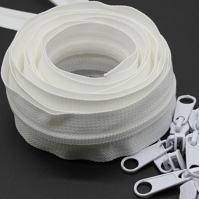 Leekayer #5 White Nylon Coil Sewing Zippers by The Yard Bulk 10 Yards with 25pcs White Sliders for DIY Tailor Sewing Craft,Luggage,Dress,Sofa Cushion, Pillow, Bag(White)