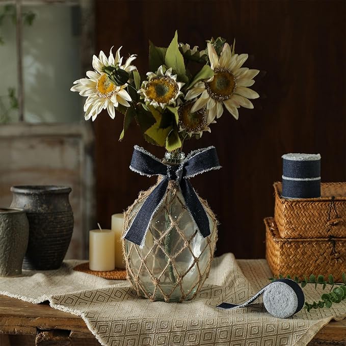 Pretty Jolly Dark Blue Denim Ribbon for Crafts Handmade Rustic Frayed Cotton Jean Fabric Ribbon for Flower Bouquet 15 Yards 1 Inch Cloth Ribbons for Gift Wrapping Hair Sewing Accessories Holiday Decor