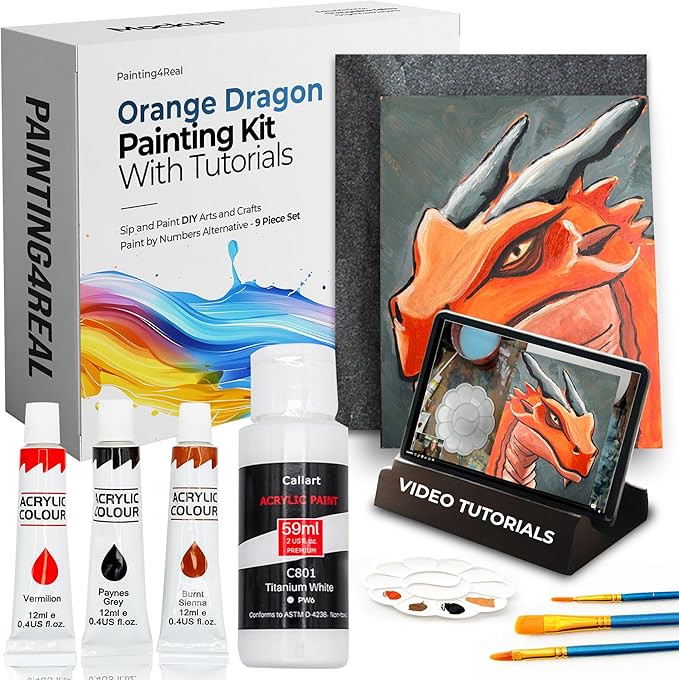 Painting4Real DIY Art Painting Kit for Adults – Learn to Paint Orange Dragon with Video Tutorials – 9 Pieces Acrylic Paint Set for Adults –Perfect Christmas Crafts & Holiday Gifts for Art Lovers