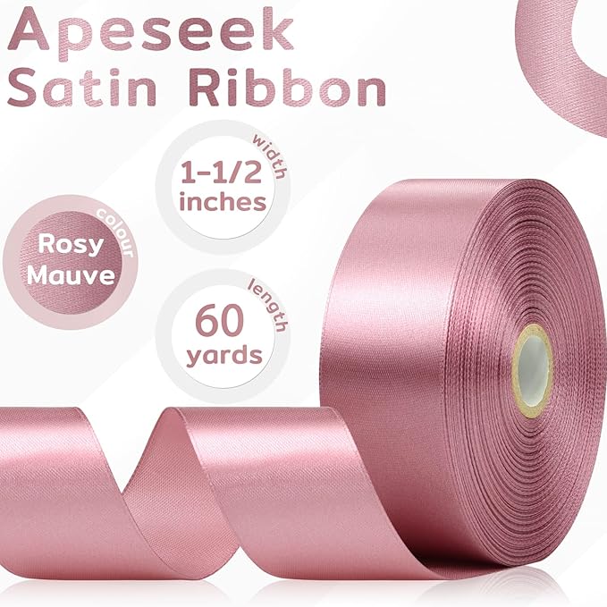 60 Yards Rosy Mauve Satin Ribbon 1-1/2 Inch, Solid Mauve Pink Polyester Fabric Ribbon for Gift Wrapping, Crafts, Flower Bouquet, Wedding, Baby Shower, Festival, Christmas