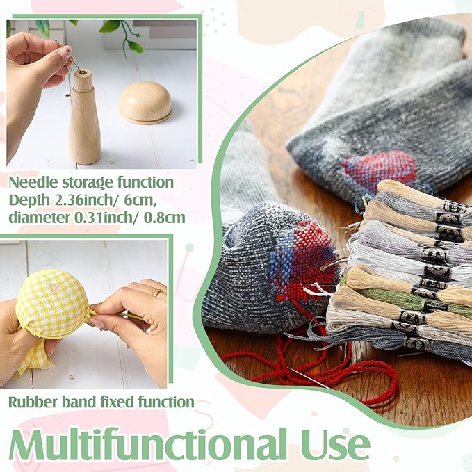 Jexine Darning Mushroom for Socks Wooden Darning Supplies Kit with Large Eye Needles Sewing Threads for Socks Clothes Adults Darner DIY Handicraft Home Sewing Care(Regular Color)
