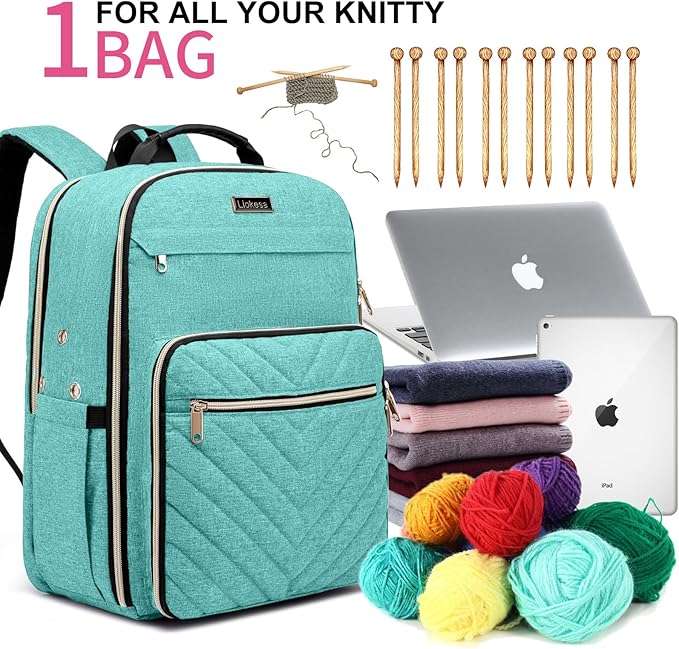 Knitting Bag Backpack, Crochet Bag Tote, Large Yarn Storage Tote Bag with USB Charging Port, Yarn Holder Case for Carrying Projects, Knitting Needles, Yarn Supplies, Light Green