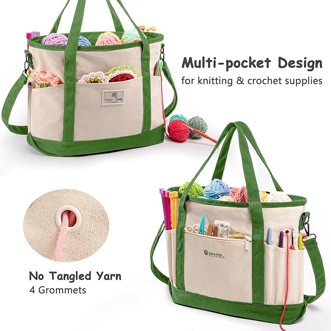 MYBAGZING Canvas Yarn Storage Organizer Bag Washable Crochet Bag with Pockets for Yarn, Hooks, Needles – Travel Knitting Tote for Crafters – Gift for Crocheters & Knitters (Medium/Large)
