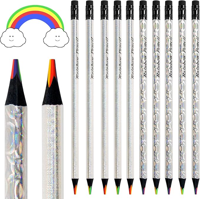 ThEast 10 Rainbow Colored Pencils, 4 Colors in 1 Rainbow Pencil for Adults, Multicolor Triangle Pencil for Party Bags, Glitter Art Supplies, Pre-sharpened